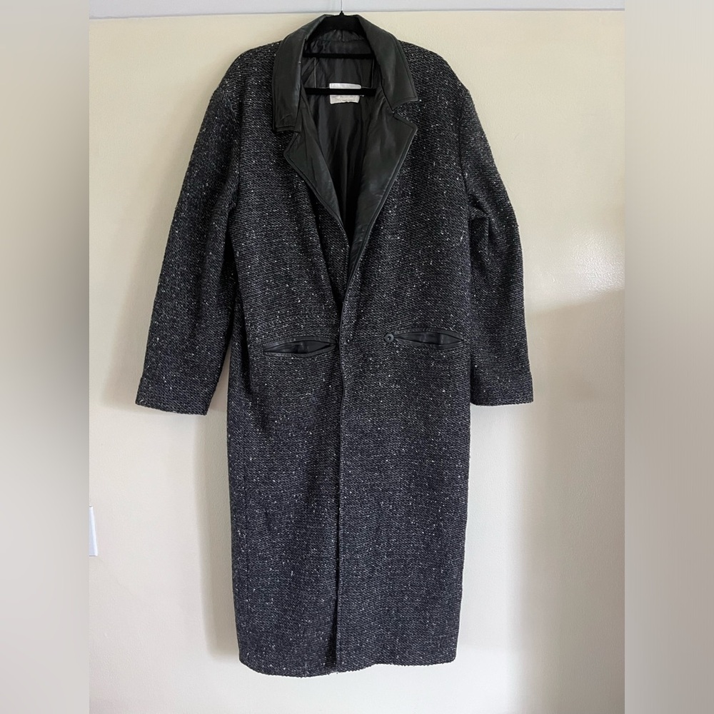 Vintage Men’s Wool-Blend Tweed Coat with Leather Trim